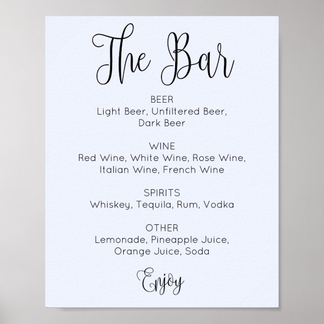Blue simple script wedding bar. Alcohol drinks Poster (Front)