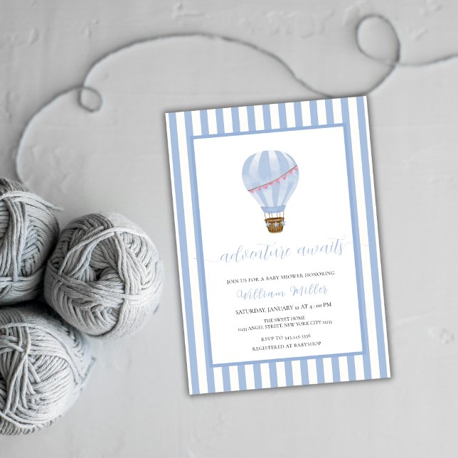 Blue Simple Stripe Hot Air Balloon Baby Shower  Invitation (Blue Simple Stripe Hot Air Balloon Baby Shower Invitation)