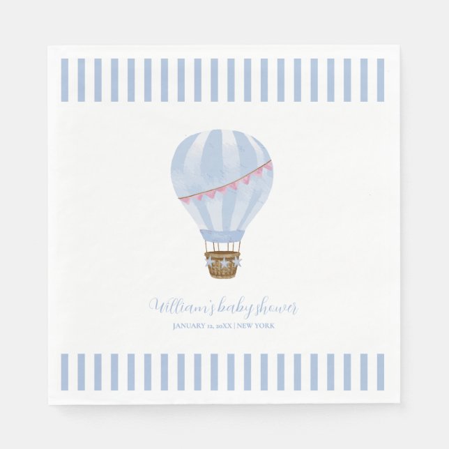 Blue Simple Stripe Hot Air Balloon Boy Baby Shower Napkin (Front)