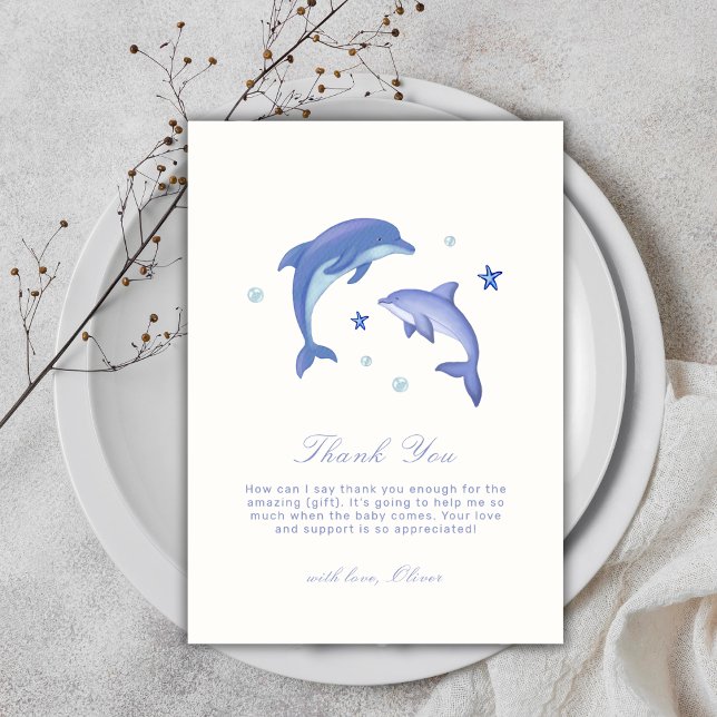 Blue Simple Summer Dolphin Stars Baby Shower  Thank You Card (Blue Simple Summer Dolphin Stars Baby Shower Thank You Card)