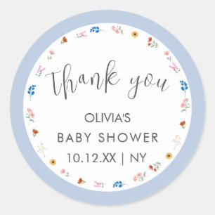 Blue Simple Tiny Wildflower Baby Shower Thank You Classic Round Sticker