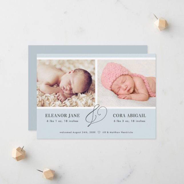 Blue Simple Twin Boys Photo Birth Announcement (Front/Back In Situ)