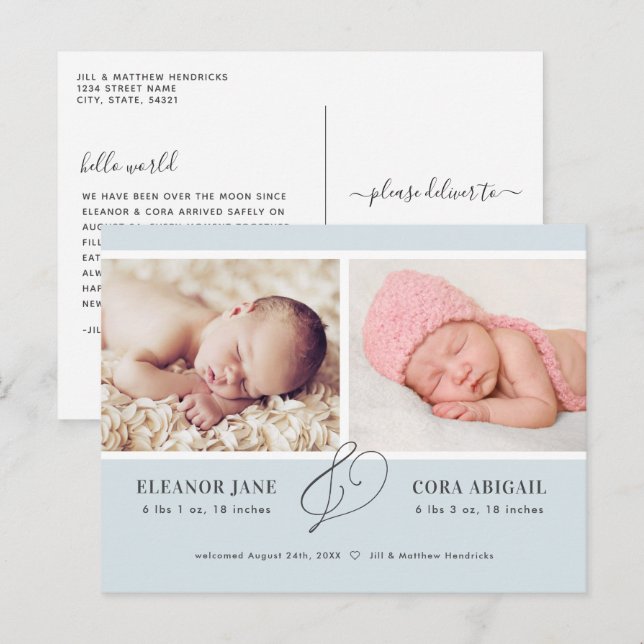 Blue Simple Twin Boys Photo Birth Announcement Postcard (Front/Back)