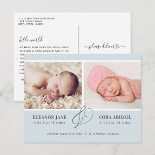 Blue Simple Twin Boys Photo Birth Announcement Postcard