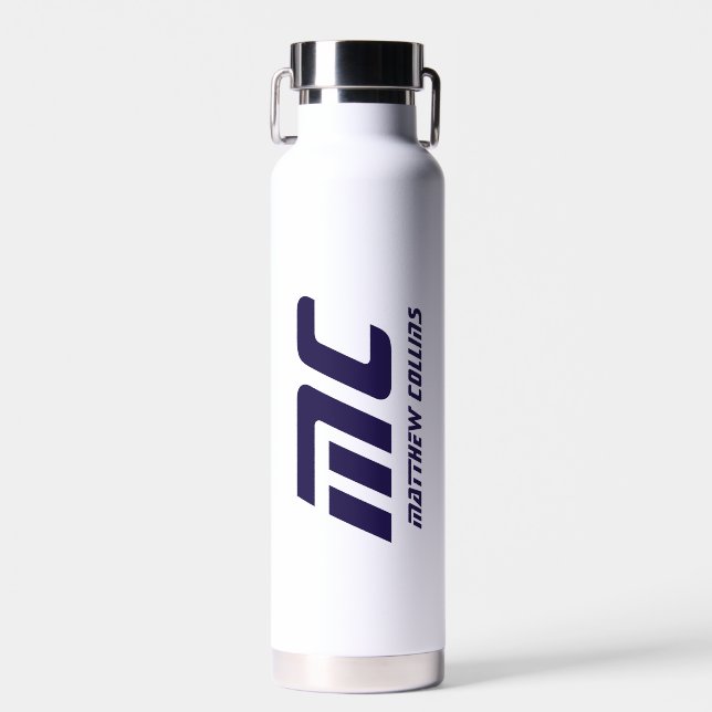 Blue Simple Typography Monogrammed Elegant Cool Water Bottle (Front)