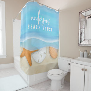 Blue Simple Watercolor Coastal Ocean Seaside Shower Curtain