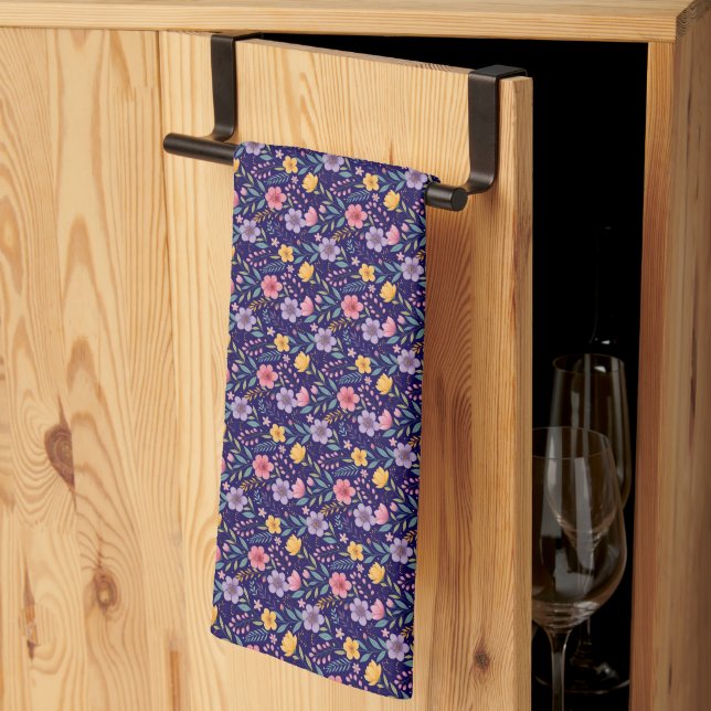 Blue simple wildflower pattern  tea towel (Thirds Fold)