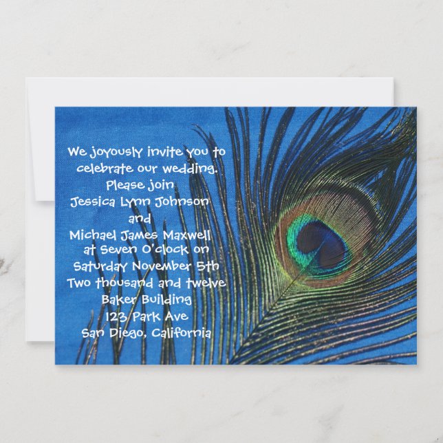 Blue Single Peacock Wedding Invitation (Front)