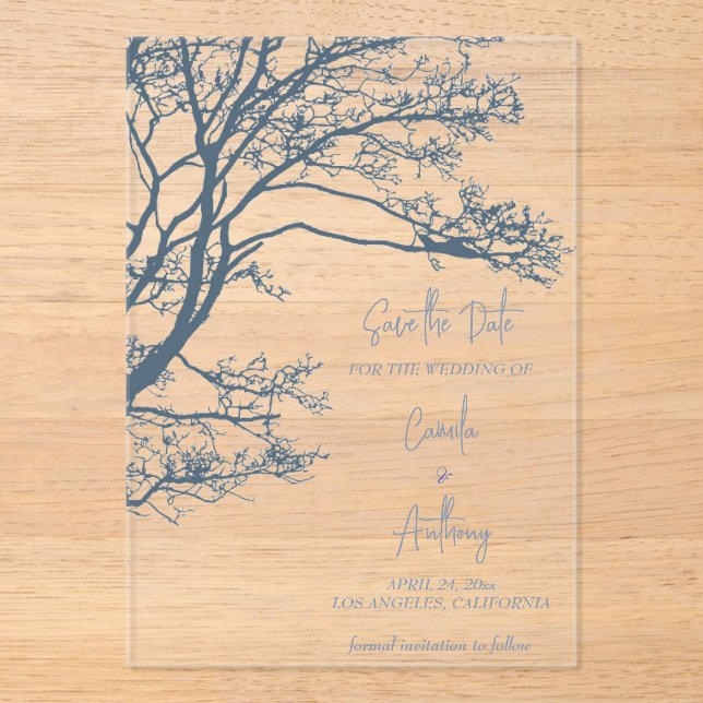 Blue Single Tree Boho Wedding Acrylic Invitations (Front)
