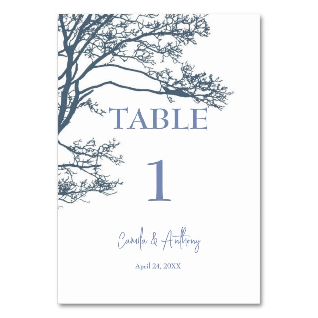 Blue Single Tree Boho Wedding Table Number (Front)