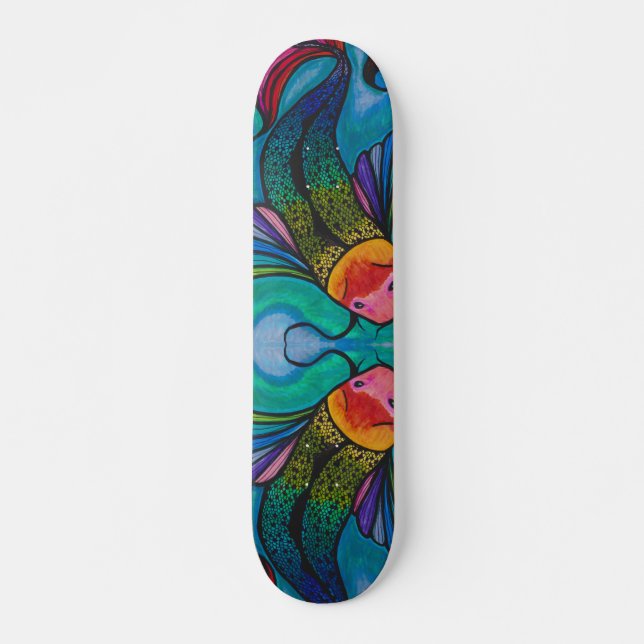 Blue Skateboard Deck With Rainbow Koi Fish Design (Front)