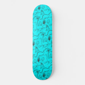 Blue skateboard with dinosaurs.