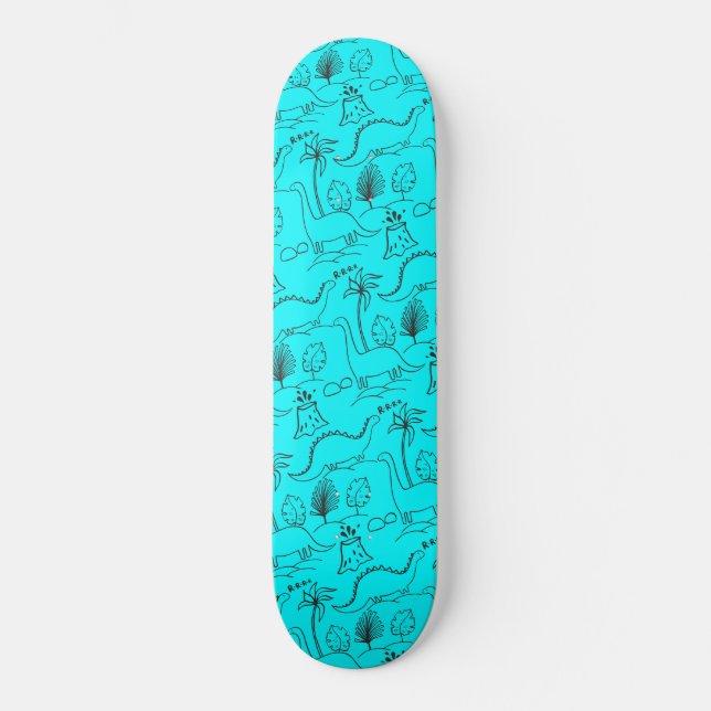 Blue skateboard with dinosaurs. (Front)