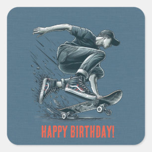 Blue Skateboarder Burnt Orange Happy Birthday Boy Square Sticker