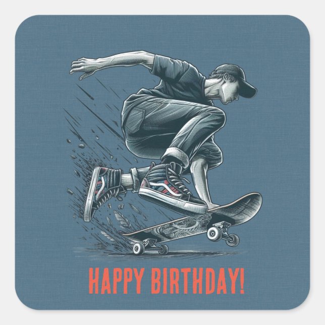 Blue Skateboarder Burnt Orange Happy Birthday Boy Square Sticker (Front)
