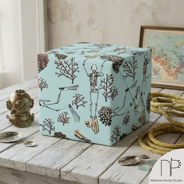 Blue Skeleton Scuba Diver Wrapping Paper (Hand-drawn skeleton scuba diver and coral reef botanical pattern blue ocean gift wrapping paper)