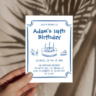 Blue Sketch Line Art Kids Birthday Party       Invitation
