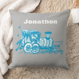 Blue Sketched Choo Choo Train Boys Room Nursery Cushion