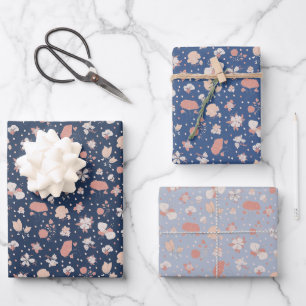 Blue Sketched Flowers Wrapping Paper Sheet