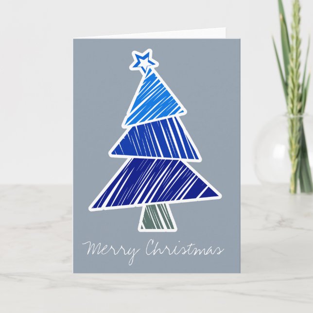 Blue Sketchy Christmas Tree Greeting Card (Front)