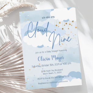 Blue Ski Cloud Nine Boy Watercolor Baby Shower Invitation