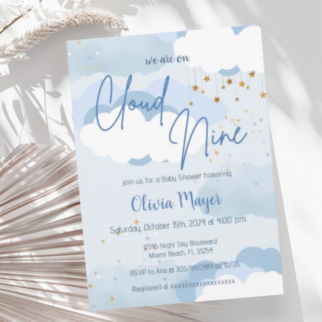 Blue Ski Cloud Nine Boy Watercolor Baby Shower  Invitation (Creator Uploaded)