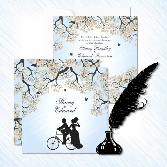 Blue Skies Fall Bicycle Wedding Invitation  (Beautiful blue sky country bicycle bride and groom wedding invitation. )