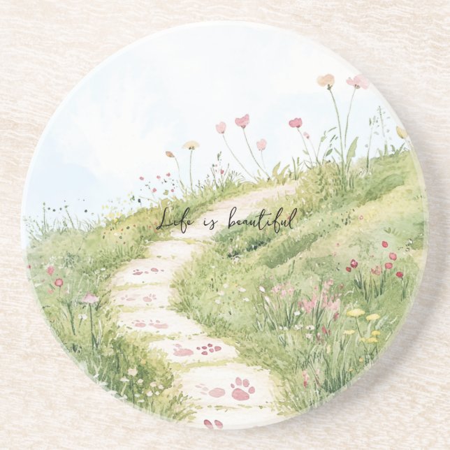 Blue Skies Grass Path Pink Flowers Coaster (Front)