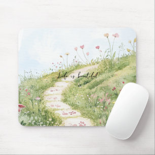 Blue Skies Grass Path Pink Flowers Mouse Mat