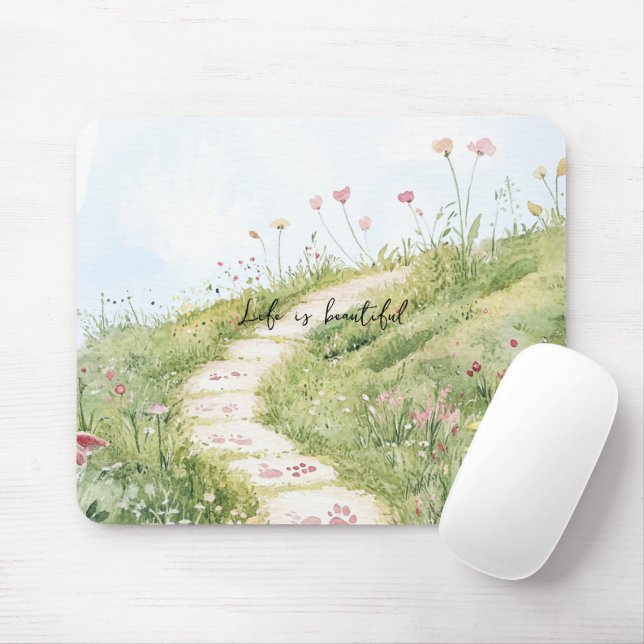 Blue Skies Grass Path Pink Flowers Mouse Mat (With Mouse)