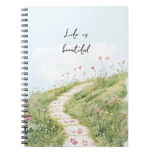 Blue Skies Grass Path Pink Flowers Notebook (Front)