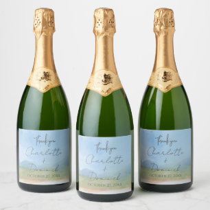 Blue Skies Painted Landscape Modern Thank You Sparkling Wine Label