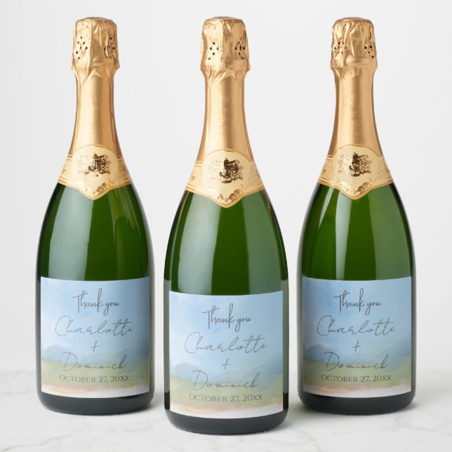 Blue Skies Painted Landscape Modern Thank You Sparkling Wine Label (Bottles)