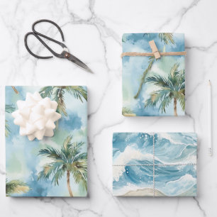 Blue Skies Tropical Island Palm Trees Birthday Wrapping Paper Sheet
