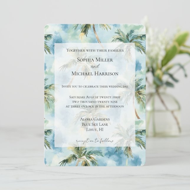 Blue Skies Tropical Island Palm Trees Wedding Invitation (Standing Front)