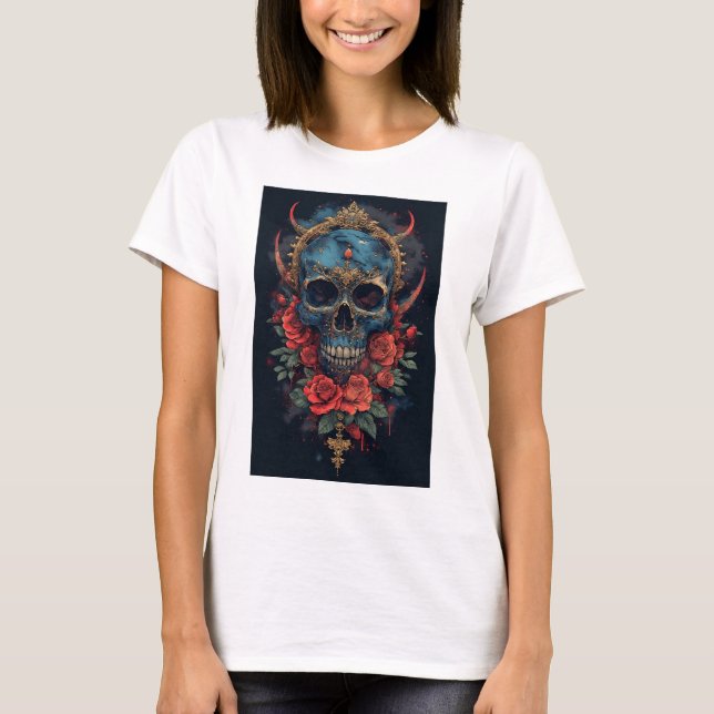 Blue Skull with Golden Crown and Red Roses T-Shirt (Front)