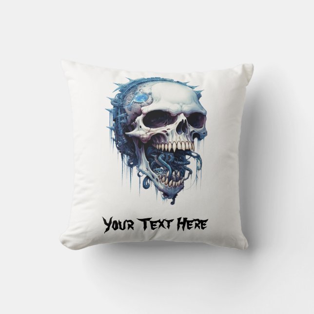 Blue Skull with maggots and steampunk details Cushion (Front)
