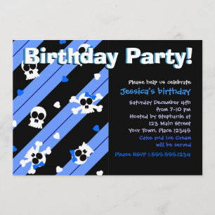 Blue Skulls and Hearts Birthday Party Invitation