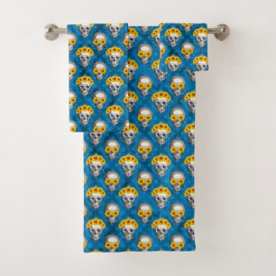 Blue Skulls and Sunflower Series Design 1 Bath Towel Set