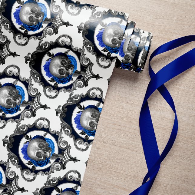 BLUE SKULLS VINTAGE CREEPY CHRISTMAS WRAPPING PAPER (royal blue skulls vintage retro creepy christmas halloween gosth monster fear of the dark)