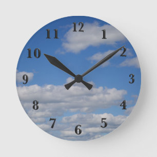 Blue Sky and Clouds - Black Numbers Round Clock