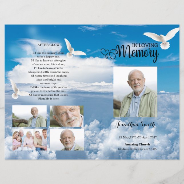 Blue sky and dove Funeral Program template (Front)