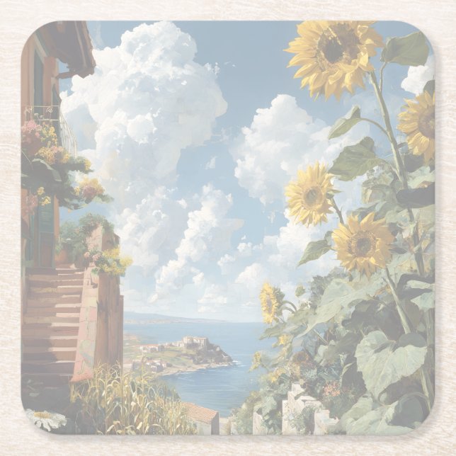 Blue sky and Sunflowers | Acrylic   Square Paper Coaster (Front)