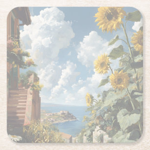 Blue sky and Sunflowers Watercolor Square Paper Coaster