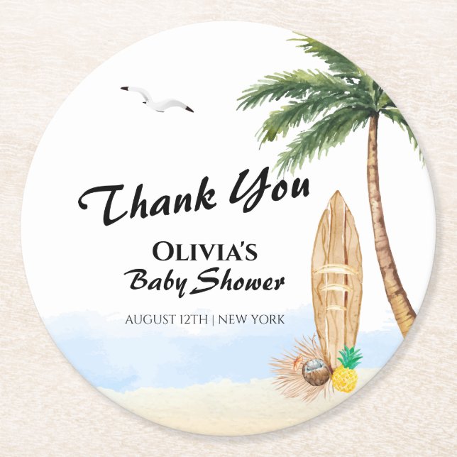 Blue Sky Baby On Board Beach Surf Baby Shower  Round Paper Coaster (Front)