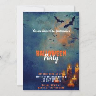 Blue Sky Bats Candles Pumpkins Halloween Party Invitation