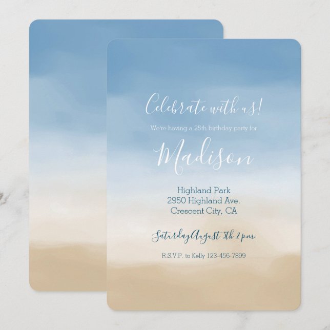 Blue Sky Beige Sand Ombre Watercolor Invitation (Front/Back)
