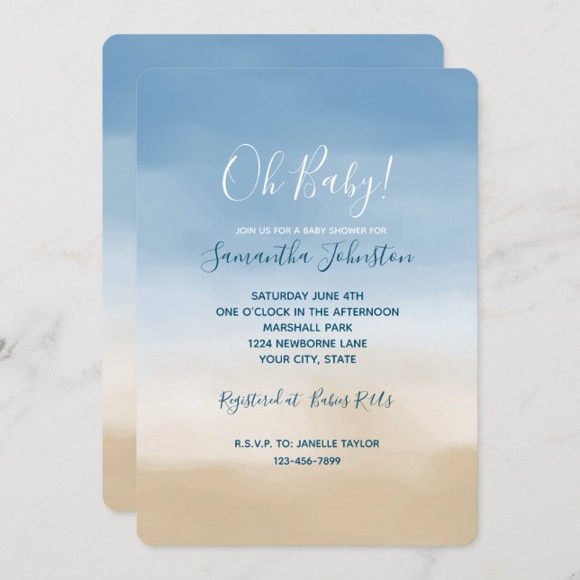 Blue Sky Beige Sand Ombre Watercolor Invitation (Front/Back)