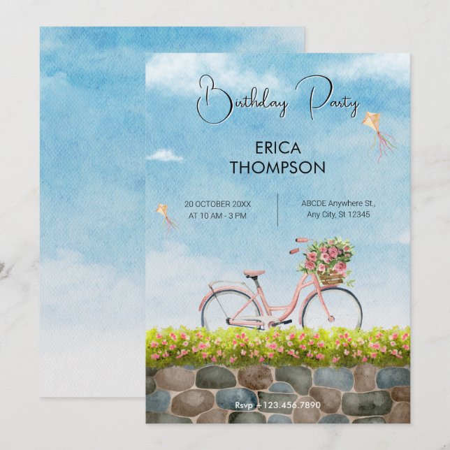 Blue Sky bicycle landscape birthday Invitation (Front/Back)