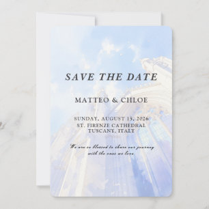 Blue Sky Church Watercolor Save The Date Invitation